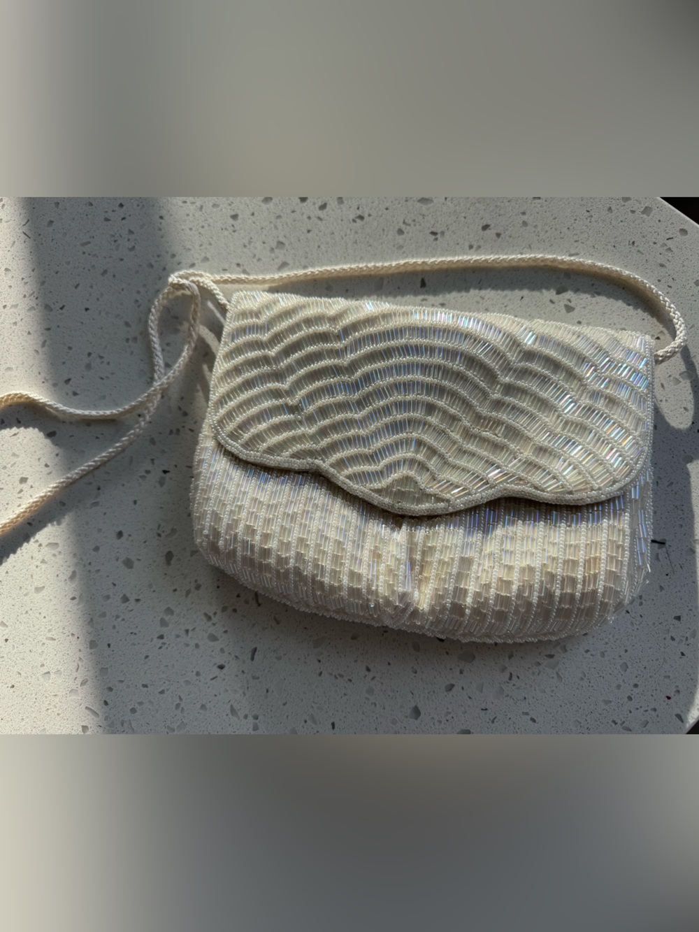 Magid Ivory Beaded Crossbody Bag with Scallop Flap